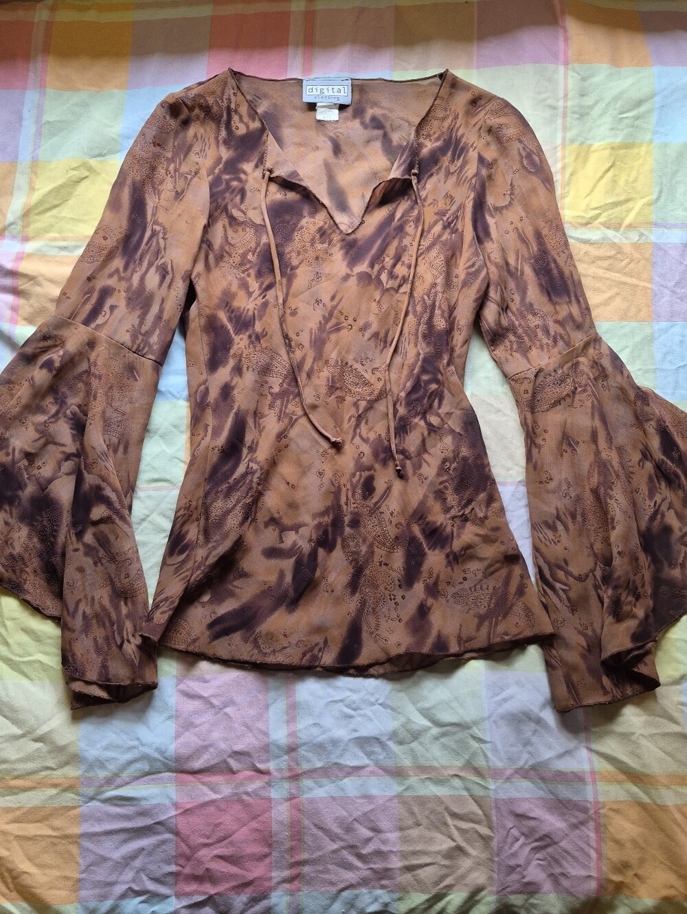 Digital Brand Brown Tie-Dye Bell Sleeve V-Neck Blouse
